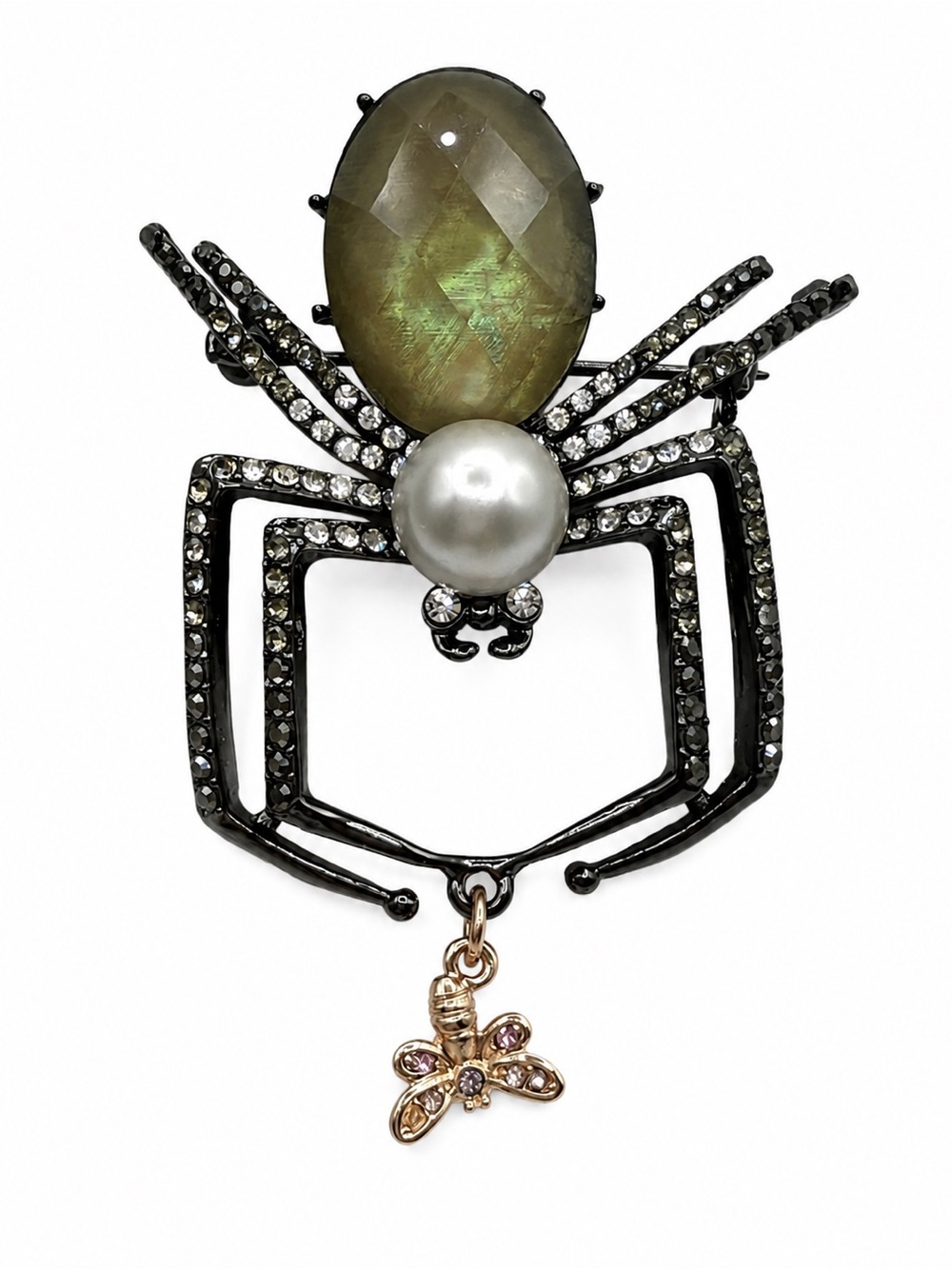 Napier Black Spider Brooch Rhinestone Faux Pearl Iridescent Stone Statement Pin